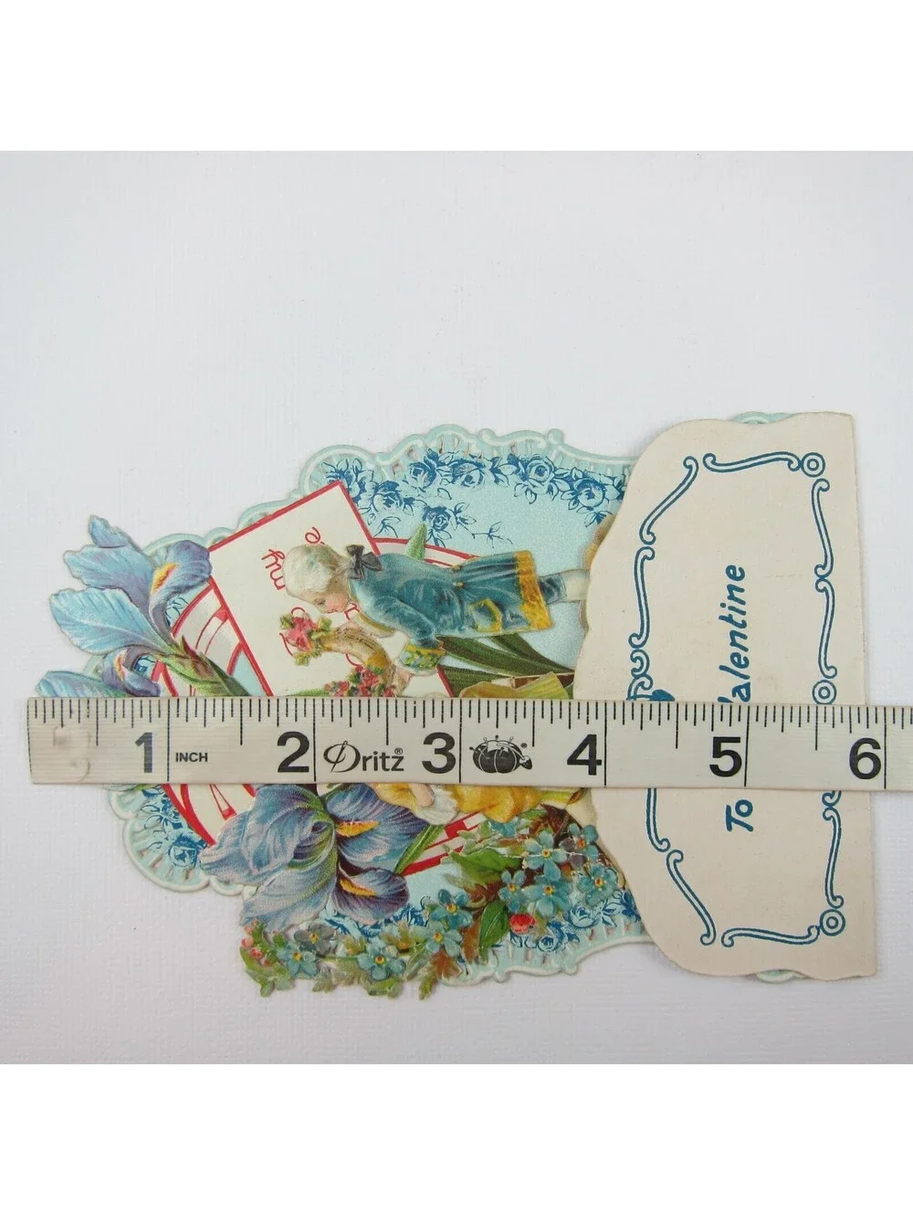 Vintage Valentine 3D Pop Up Die Cut Boy & Girl 1700s Wigs & Dress Blue Flowers